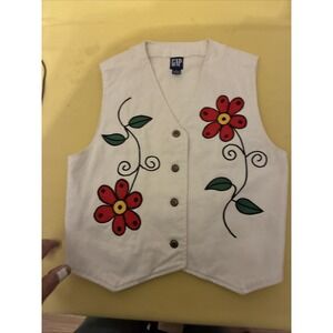 vtg gap canvas vest womens white floral Size Large Button